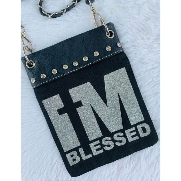 NWOT PG Collection Black Canvas Leather “I’m Blessed” Cell Phone Purse - Picture 1 of 8